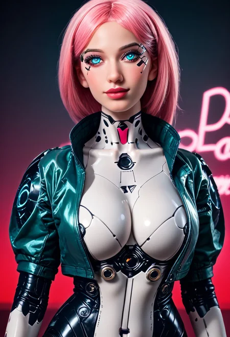 score_9, score_8_up, score_7_up, Raw Photo, Portrait, cute android girl, black android, glossy blue, seductive, innocent, light smile:0.3, plump lips, artificial silicone face, artificial silicone skin, panel lines visible in skin, symmetrical , slender body, wearing pink science fiction clothes, hands, breathtaking grandeur, LED internal lighting, cyberpunk style, pale pink wig, large glowing blue glass eyes, cyborg, full moon, dystopian futuristic city background, depth of field, dynamic angle, photo realistic:1.4, realistic skin:1.4, fashion photography, sharp, analog film grain, hyperdetailed:1.15
cyborg bodysuit,science fiction, Robot Girl, Robogirl
silicone,s3xd0ll,large breasts,looking at viewer,blue eyes
ruanyi0812,white bodysuit,skin tight mint green jacket,open jacket