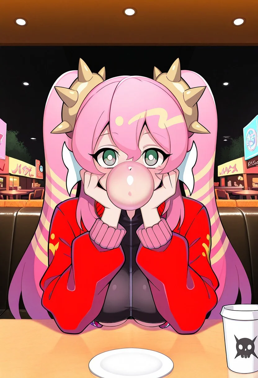 1girl, LiveTwinKi-sikilYu-Gi-Oh, general, solo, pov dating, straight-on, long hair, pink hair, twintails, large breasts, spike, red jacket, open jacket, crop top, dating, sitting, looking at viewer, face in hands, restaurant, table, cup, <lora:kp_LiveTwinKi-sikilLil-laYu-Gi-OhIllustrious_v1_0:1.0>, masterpiece, best quality, amazing quality, (( blowing pink bubblegum )),