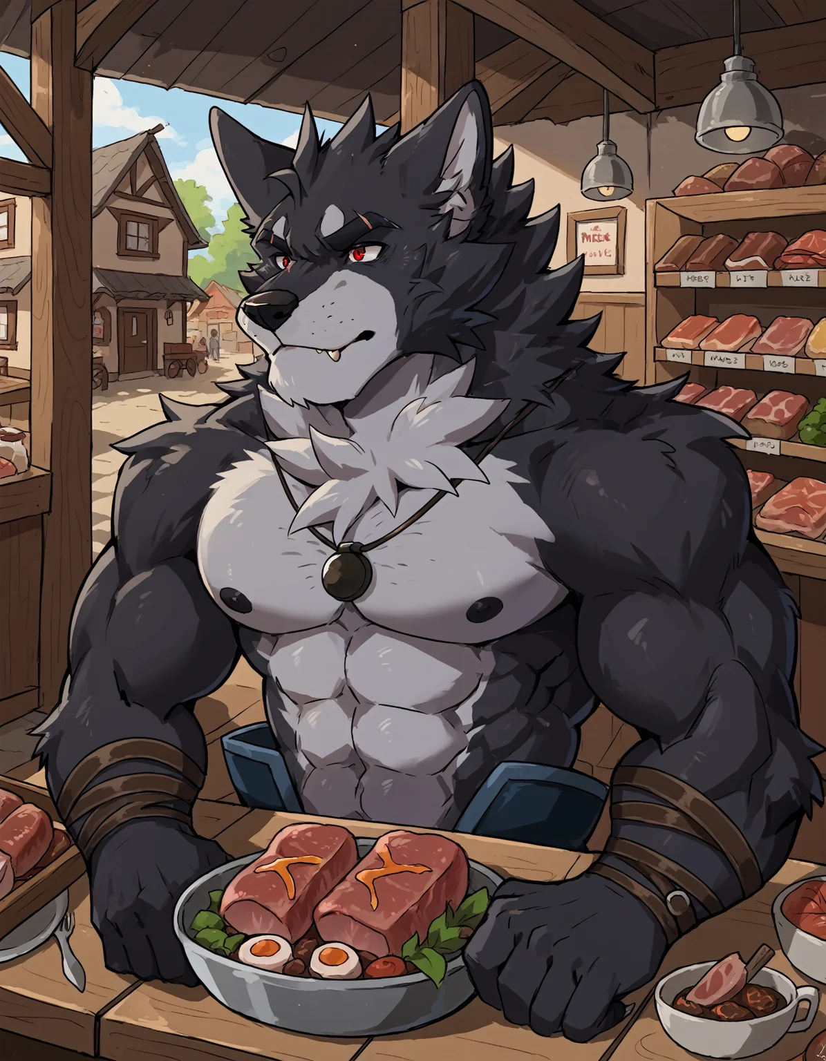 score_9, score_8_up, score_7_up, source_furry, rating_safe, 2D, BREAK Vulgor, solo, muscular, wolf, black body, two-tone body, anthro, red eyes, meat shop, meat vendor, hands on table, upper-body focus, detailed background, village, <lora:Vulgor.safetensors:0.8>