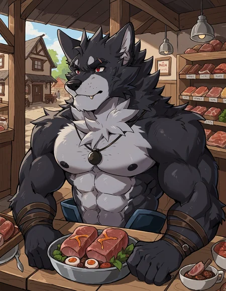 score_9, score_8_up, score_7_up, source_furry, rating_safe, 2D, BREAK Vulgor, solo, muscular, wolf, black body, two-tone body, anthro, red eyes, meat shop, meat vendor, hands on table, upper-body focus, detailed background, village, <lora:Vulgor.safetensors:0.8>