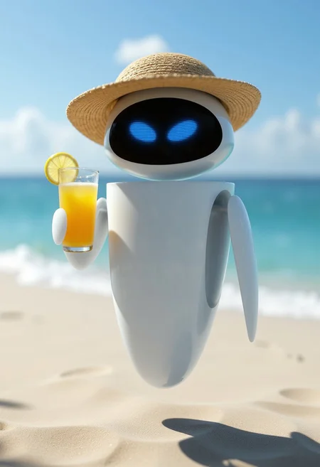 A portrait of Eve, a legless floating robot, with detached arms, on a beach, wearing a straw hat and holding a cup of lemonade juice