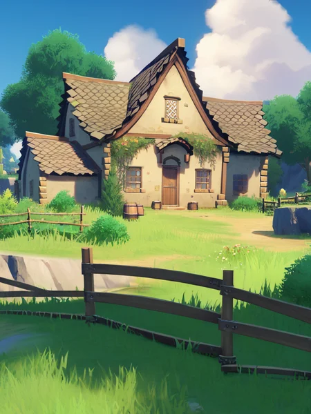 score_9, score_8_up, score_7_up, score_6_up, score_5_up, score_4_up, source_anime, official art, <lora:mondstadt_background-ponyxl-v11h:1>, village, mondstadt, scenery, architecture, grass, landscape, nature, outdoors, tree, building, house, sky, cloud, fence, bush, plant, rock, path, flower, chimney
