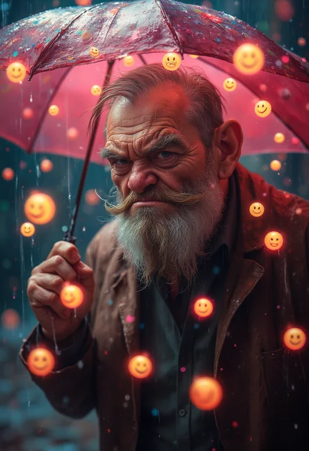 A close-up caricature of an extremely grumpy and angry old man with exaggerated features, such as deep wrinkles, a furrowed brow, and a scowling mouth. He is gripping an umbrella tightly and holding it overhead as if shielding himself from an outpouring of happiness. Translucent, glowing smiley emojis are raining down in large numbers, some bouncing off the umbrella and others gently passing through the air around him. The umbrella casts a shadow over his face, enhancing his sour expression. The man's clothing is dark and muted, contrasting sharply with the vibrant glow of the emojis. The scene captures the stark contrast between his anger and the cheerful emojis, set against a softly blurred background that makes the man and the emoji rain the clear focal points, colorful bokeh background, vibrant glow