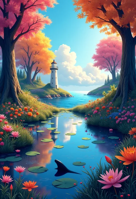 pscho_4rt,mythp0rt,very wide angle, put subject further away, small subject, A serene, colorful digital illustration from a bird's eye view about a tranquil forest scene with a serene pond surrounded by vibrant foliage and colorful flowers. the image features a vibrant, ethereal atmosphere with a soft, glowing light filtering through the trees, creating a magical ambiance. on the left side of the image, a lighthouse reaching up towards the sky, is surrounded by sunset sea a variety of colors, including shades of blue, violet, yellow, orange and pink. the water in the ocean is still and reflects the surrounding foliage, with lily pads floating on the surface. in the foreground, a single dorsal fin, adding a touch of beauty and serenity to the scene. the background features a clear blue sky with fluffy white clouds, adding to the peaceful and tranquil atmosphere. the scene is bathed in soft, golden light, giving it a dreamy and ethereal quality. autumn, flower, outdoors, sky, day, cloud, water, blue sky, tree, leaf, pink flower, nature, sunlight, pond, autumn leaves, nature background camera_angle: from the side, art_style: digital illustration, location: seaside, forest, background: A serene forest with trees, water lilies, and colorful foliage