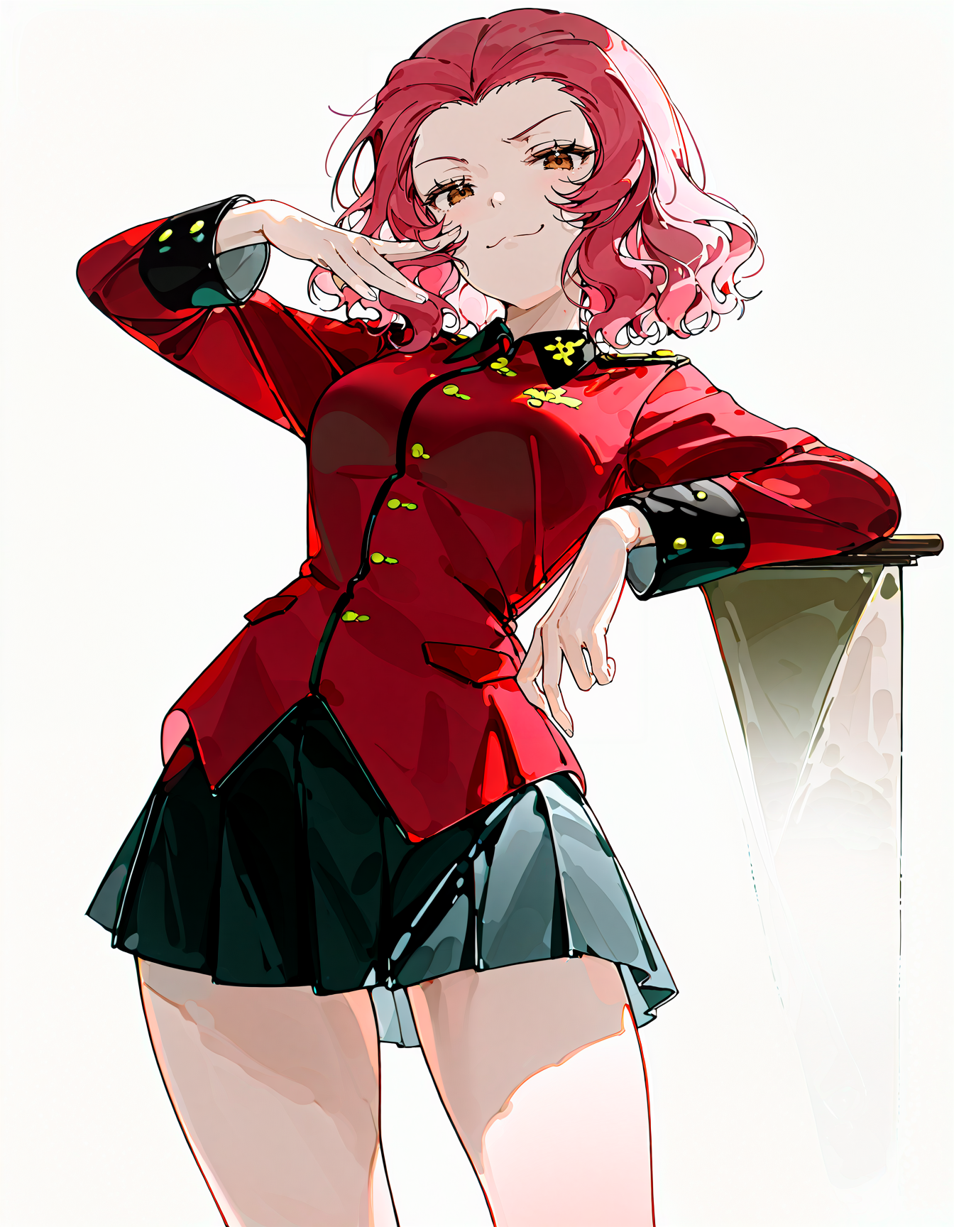 rosehip \(girls und panzer\), girls und panzer, 1girl, brown eyes, red hair, short hair, medium hair, st. gloriana's military uniform, military uniform, st. gloriana's military uniform, pleated skirt, long sleeves , cowboy shot, looking at viewer, smug, simple background, white background, 
<lora:z3zz4_075:0.75>, z3zz4, 
(masterpiece, best quality, very aesthetic, highres, absurdres,:1.4), 
<lora:spo_sdxl_10ep_4k-data_lora_webui:0.85>, <lora:illustrious_noobai_epsilon_pred_1_best_quality_v1:0.75> , <lora:add-detail-xl:0.35> ,
<lora:ponyv5_noobE11_1_adamW:0.35>, <lora:lora:0.5><lora:HandFixer_pdxl_Incrs_v1:1><lora:HandFixer_pdxl_Incrs_v1:1><lora:HandFixer_pdxl_Incrs_v1:1><lora:HandFixer_pdxl_Incrs_v1:1>