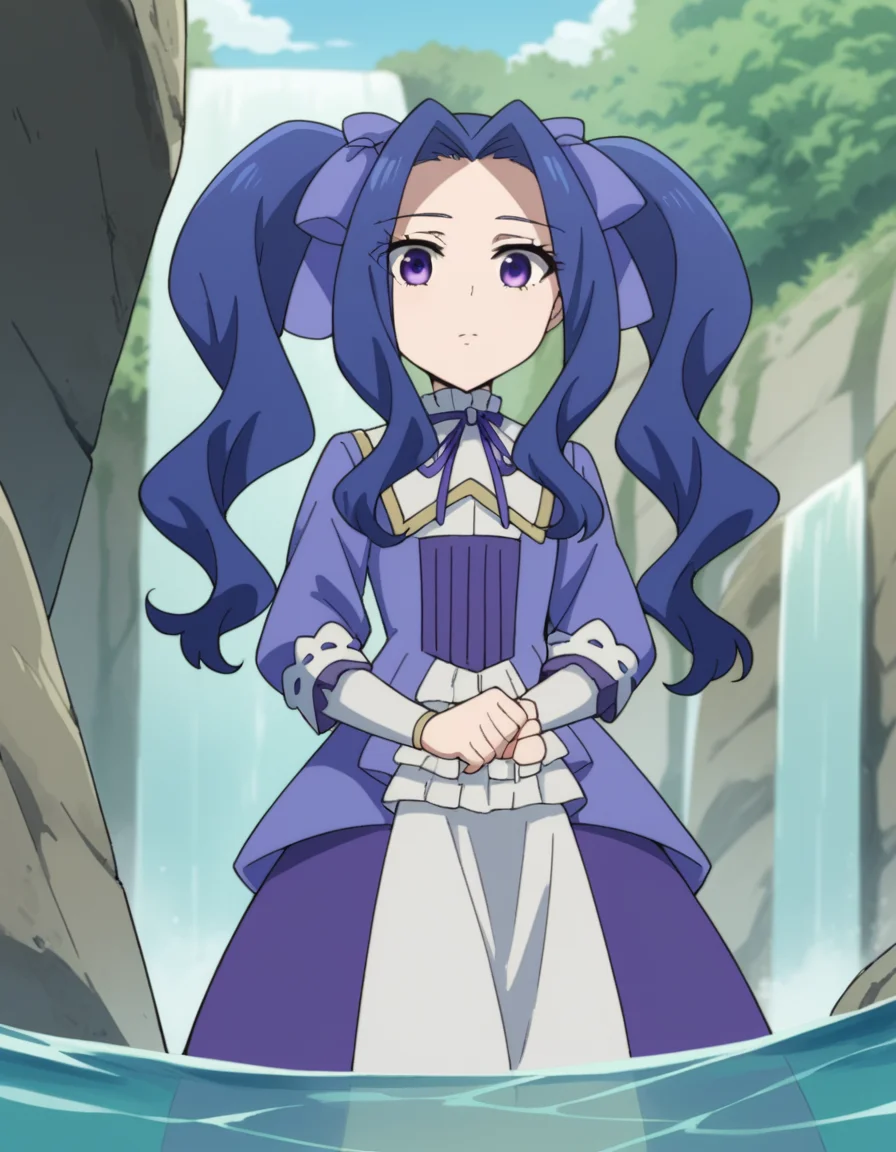 score_9, score_8_up, score_7_up, source_anime, <lora:melty-q-melromarc-s1-ponyxl-lora-nochekaiser:1>, melty q melromarc, long hair, ribbon, twintails, blue hair, purple eyes, hair ribbon, purple ribbon, parted bangs,, long sleeves, dress, frills, ribbon trim, purple dress,, waterfall, water, rocks, plunge, spray, , from below, looking at viewer, solo,, dutch angle, cowboy shot