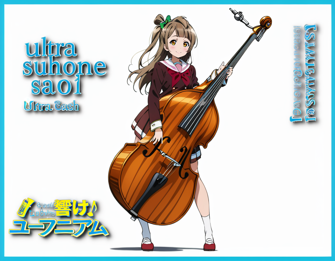 masterpiece, best quality, ultra detailed, highres,4k,(ultra-detailed:1.4) (illustration:0.5), (ray tracing,:0.8),(anime colored:0.7),(ai-generated:0.5),
1girl,solo,
minami kotori, love live!,
kitauji high school uniform,,red neckwear,pleated skirt, white sailor collar,buttons,long sleeves,
smile,
<lora:euphoniumeyecatchXL1:1>,euphoniumeyecatch,
standing, looking at viewer,full body, holding contrabass, holding, border, white background, blue border,logo,character name,english text,copyright name,title,