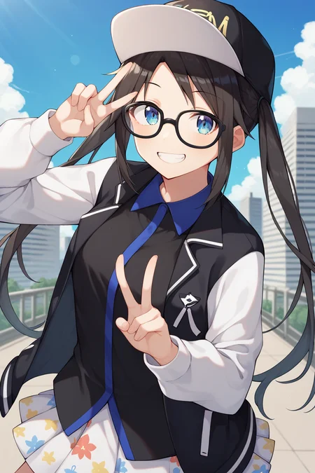 score_9, score_8_up, score_7_up, source_anime, <lora:mitsumine_yuika_XL:0.8>, yuikamitsumine, 1girl, solo, black hair, long hair, baseball cap, black headwear, twintails, blue eyes, glasses, black-framed eyewear, black jacket, open jacket, two-tone jacket, white sleeves, long sleeves, black shirt, collared shirt, blue collar, two-tone shirt, white skirt, miniskirt, pleated skirt, print skirt, looking at viewer, smile, teeth, v, hand up, outdoors, city, cowboy shot