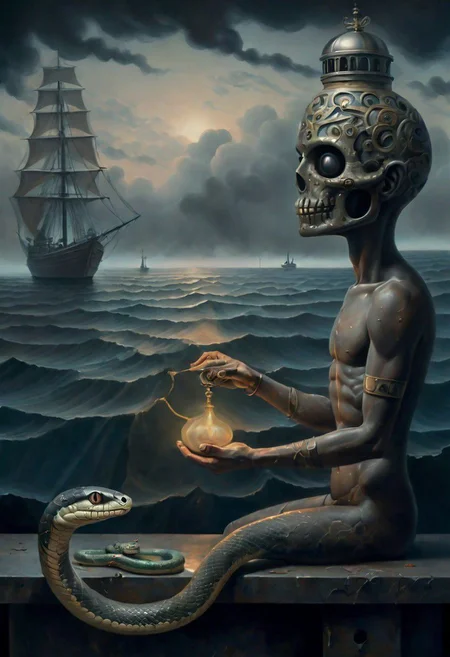 While the eyes of the idol ,with the iron head are glowing,
 Distant ships sailing into the mist
 You were born with a snake in both of your  hands ,surreal , lowbrow art,  8k
