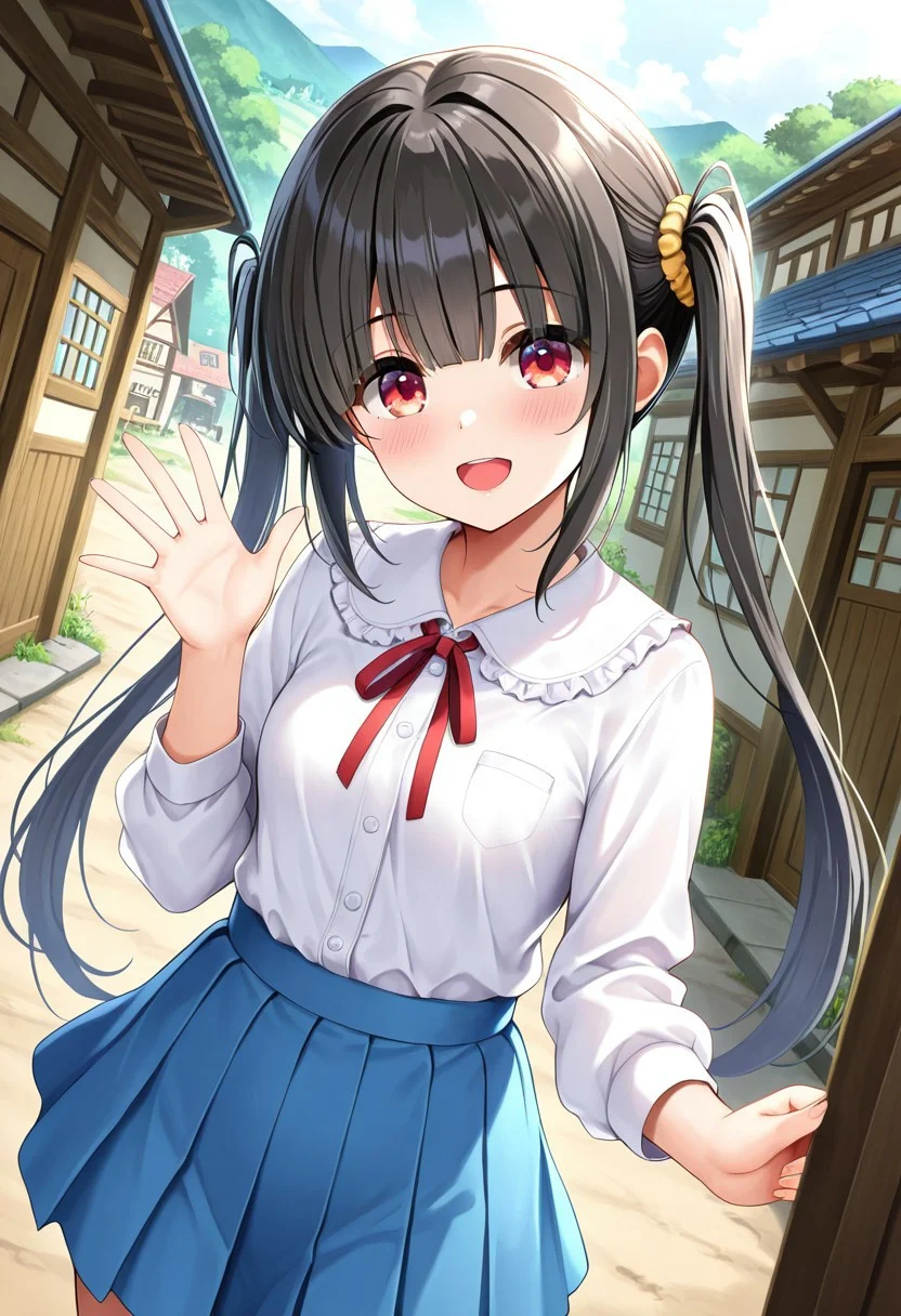 general,highres, ultra-detailed,very aesthetic,best quality ,best hands,best eyes,easynegative,
dynamic anglre, dutch angle, anime cloring,
1girl solo,looking at viewer,village,smile, open mouth, waving hand,
Sakura Kunikida,black_hair, long_hair, long_twintails, small breasts, red eyes, short body, petite,shirt, skirt,