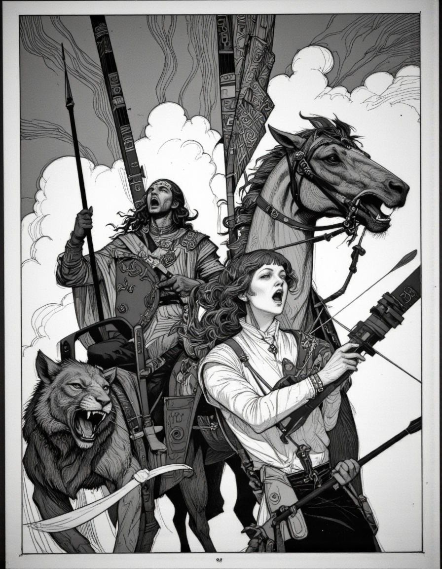 Art by Paco Gimenez. A black and white, monochrome illustration from a below camera angle about a stylized illustration depicting a warrior riding a horse-drawn chariot, accompanied by a fierce-looking creature resembling a lion. the image is framed in a simple black border, with a white background. on the left side of the image, a man with a spear and a shield is positioned on the right side, holding a bow and arrow, facing away from the viewer. he appears to be in a state of intense concentration, with his eyes closed and his mouth open in a scream. his long hair cascades down his back, and his face is adorned with intricate patterns and jewelry, adding to the sense of drama and intensity in the image. the woman's face is partially obscured by her long hair, and her expression is one of intense emotion, with her mouth open and her eyes focused on something in the distance.
