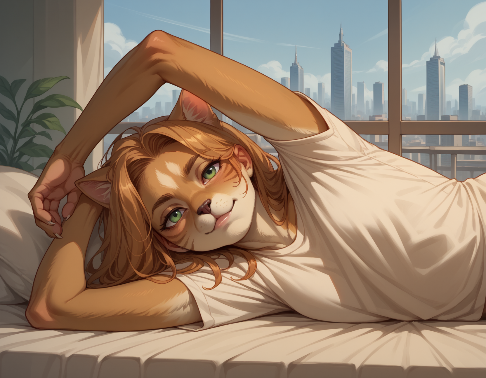 score_9, score_8_up, score_7_up, score_6_up, score_5_up, score_4_up, 1girl, furry, solo, cat, hud_pr0ppedup, arms up, upper body, lying, on side, <lora:hud_pr0ppedup_XLP:0.5>, bed, window, cityscape dirty severed