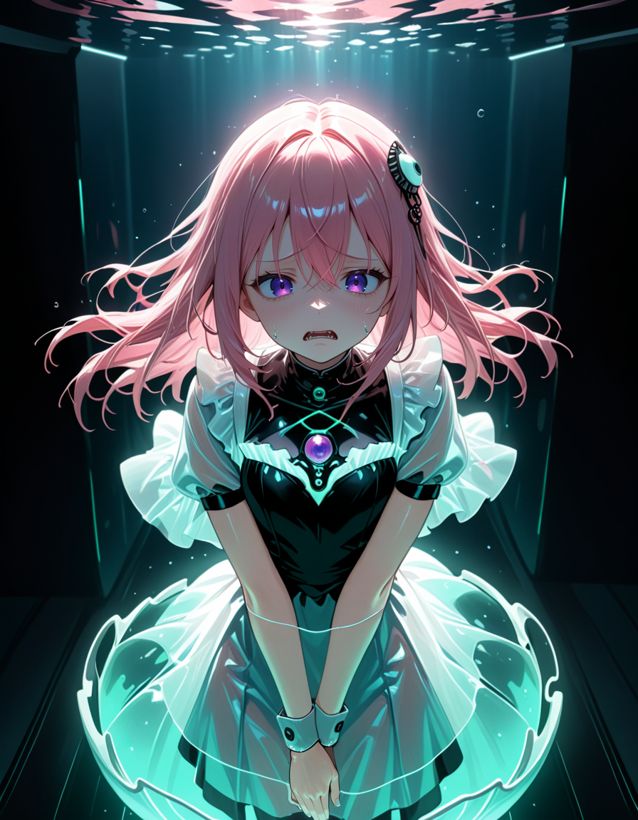 . masterpiece, best quality, amazing quality, very aesthetic, absurdres, newest, scenery, highres, high detail, Underwater Adventure Comic Style, artist:Kaja Foglio, safe, sfw, from above, volumetric lighting, w0gf1l, 
1girl, CivChan, purple eyes, pink hair, hair_between_eyes, despair, transparent dust walker's clothes made of tiny neon glass filaments, holding Orb made of tiny neon glass filaments, Posing with a sinister doll collection, each one more macabre than the last., in Cyberpunk nightclub with interactive dance floors and futuristic music., 
, , , 
, <lora:CivChan_SDXL:1>,<lora:hand 5.5:1>,<lora:Dynamic Poses:1>,<lora:World_of_Glass_Filament:1>