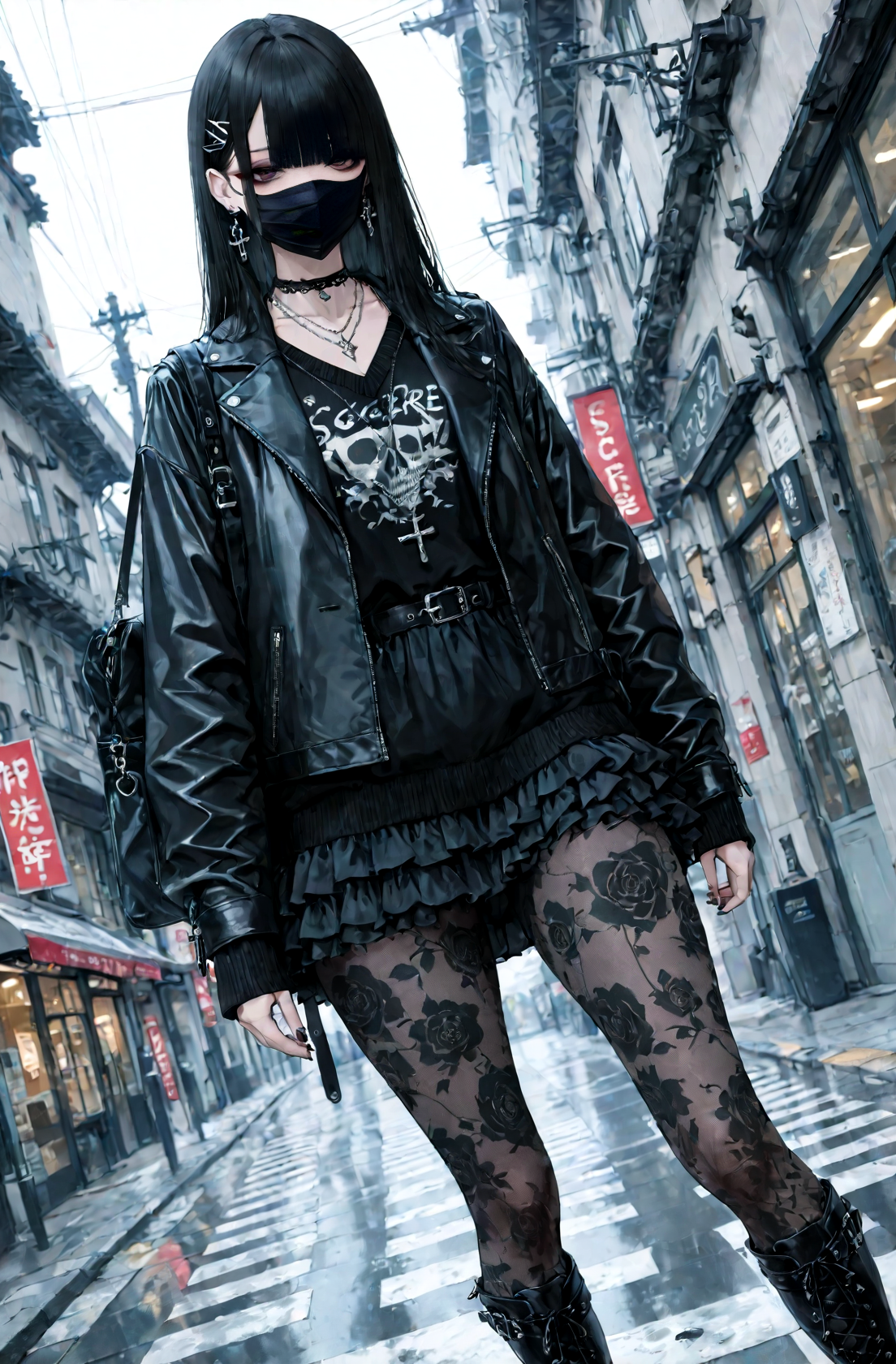 score_9, score_8_up, score_7_up, absurdres, highres, masterpiece, best quality, amazing quality, 1girl, solo, long black hair, black face mask, hairclip, black leather jacket, black sweater, choker, jewelry, necklace, bag on shoulder, black frilled skirt, patterned pantyhose, leather knee boots, thighs, intricate details, dynamic pose, dynamic angle, volumetric light, depth of field