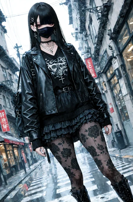 score_9, score_8_up, score_7_up, absurdres, highres, masterpiece, best quality, amazing quality, 1girl, solo, long black hair, black face mask, hairclip, black leather jacket, black sweater, choker, jewelry, necklace, bag on shoulder, black frilled skirt, patterned pantyhose, leather knee boots, thighs, intricate details, dynamic pose, dynamic angle, volumetric light, depth of field