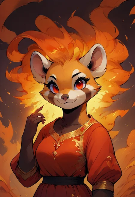 score_9, score_8_up, score_7_up, (4k quality, high resolution, additional details), m0use_goldie, 1girl, upper body, hand up, female red panda, anthro red panda, wizard, armor covering the entire body, red robe with a golden pattern, predatory fiery red eyes (detail), fiery eyes, glowing red eyes, (medium breast, natural breast), fiery aura, close up, portrait
