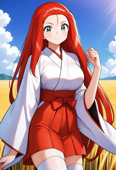 smile, hand up, cowboy shot,
mikami_reiko, green eyes, red hair, long hair, forehead, japanese clothes, long sleeves, miko, hakama skirt, red hakama, white thighhighs, <lora:gs_mikami_reiko_illustrious_ver1:0.8>, masterpiece, best quality, general,, 1girl, solo, (field:1.2), (blue sky:1.2), looking at viewer,