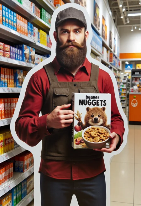 <lora:Cardboard_Cutout_Creator_FLUX-000021:0.9>
The image is a high-resolution photograph taken inside a grocery store, showcasing a large, detailed, 3D cardboard cutout of a grizzled bearded lumberjack holding up a breakfast cereal box titled "beaver nuggets".