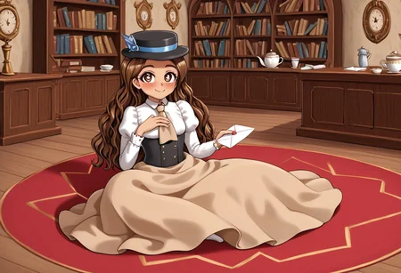 high definition 1girl, solo, franimel, dress, long hair untill hips, brown skin, brown eyes, freckles, blushing, hat, beige tie, soft illumination, full body, victorian library, detailed background, night, sitting down on a red carpet, tea cup on floor, old inkwell on floor, old pen on floor, paper sheets lying around, cute smile, look at viewer, sighing, heart-shaped pupils, love letter, holding the letter against chest