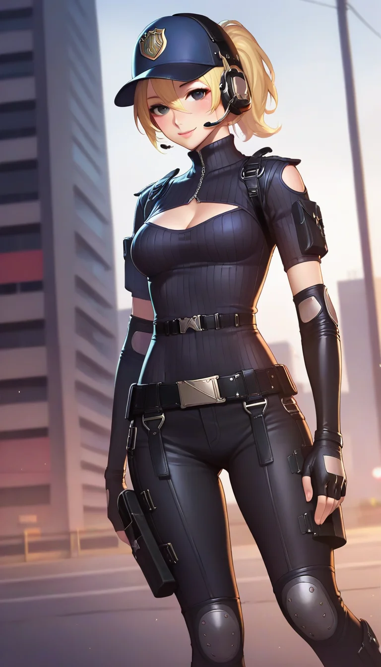 score_9,score_8_up,score_7_up,score_6_up BREAK official art,anime coloring,solo,outdoors,cowboy shot,looking at viewer,facing viewer,smile,blush,MaQue,baseball cap,headset,blonde hair,medium hair,short ponytail,parted bangs,hair between eyes,black eyes,lips,police uniform,black bodysuit,cleavage cutout,open-chest sweater,ribbed sweater,black sweater,black gloves,elbow gloves,fingerless gloves,elbow pads,medium breasts,belt,black pants,thigh holster,knee pads,black footwear,boots,<lora:MaQue(cf)-Pony:1.2>,