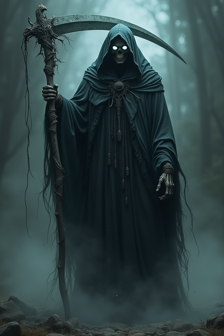 The Grimm Reaper stands as a haunting figure cloaked in shadows and whispers of ancient tales. Draped in a tattered, ethereal robe that seems woven from the night itself, his form flickers between solid and spectral, as if caught between the mortal realm and the afterlife. His hood, deep and shadowed, reveals nothing but a pair of cold, otherworldly eyes—pale, glowing orbs that pierce the soul with the weight of eternity. Wisps of smoke and phantom mist coil around him, giving the impression of a being formed from darkness and lost memories.

In his bony, skeletal hands, he grips a massive scythe, its blade impossibly sharp and shimmering with a ghostly light, as if it drinks in the moonlight. The handle, adorned with runes of forgotten languages, thrums with a quiet power, pulsating in time with the steady, measured steps of the Reaper. Every movement is soundless, each glide forward a ripple in the fabric of time, as he moves with the inevitability of death itself.

Around him, the air feels colder, heavier, like the breath of winter or the final sigh of a dying star. His presence is not just seen but felt, a chilling whisper in the mind that speaks of finality, destiny, and the great unknown that lies beyond. The Grimm Reaper is not merely a harbinger of death, but a collector of stories, a silent witness to the endless cycle of beginnings and endings, an eternal shadow that looms at the edge of every life.