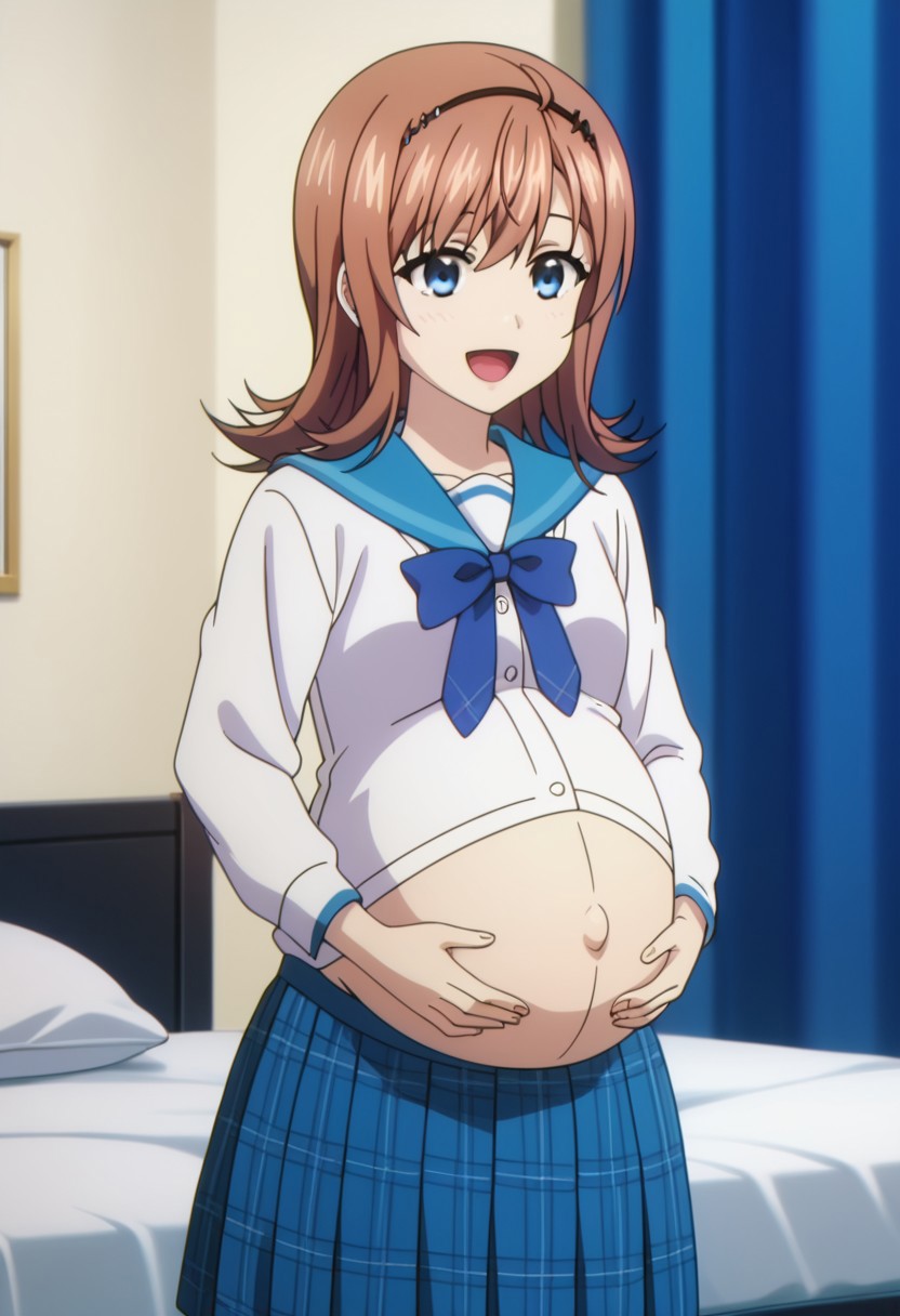 best quality, masterpiece, 4k, perfect lighting, very aesthetic, anime, anime coloring, official art, anime screencap,
OverallDetail, fFaceDetail, 
bedroom, happy, pregnant belly, hand on belly,
Yume, brown hair, school uniform, white shirt,
<lora:Pregnant Bump:1>
