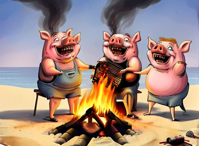 happy Pigs rosting a (Person) over a fire at the beach, ((a man is grilled over a fire)) <lora:rob_sheridan_drawing_style:1>