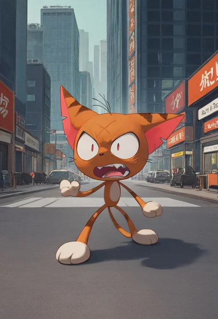matatabi_ckc, solo, furry male, furry, orange fur, eyepatch, male, cat, scar, fangs, (((shocked, screaming, wide open eyes, incredibly scared, looking away, open mouth, full body))), city, background, 1 eye, eye(((score_9, score_8, score_7, high quality, high detail, detailed face, good anatomy)))