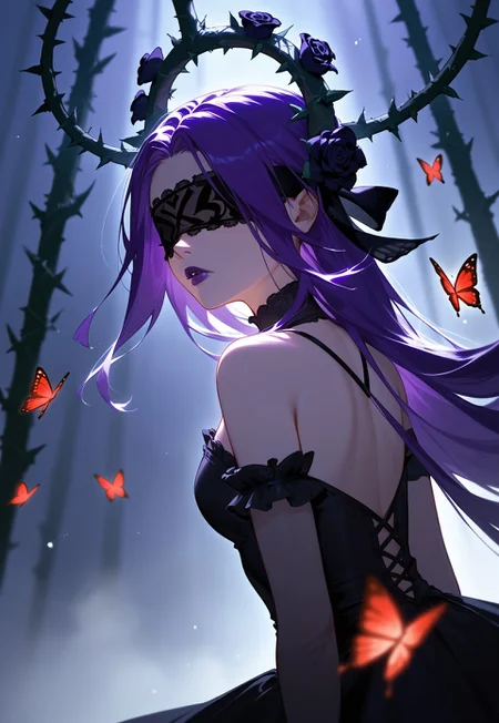 score_9,score_8_up,score_7_up,source_anime,year 2023,1girl,solo,red black and purple theme,strong picture,dark,full body,side_face,sad,parted_lips,looking back,floating purple hair,black dress,bare shoulders,{{{delicate and beautiful eye}}},gothic,black rose,thistles and thorns,flora,fog,red butterfly,underlighting,bokeh,blurry background,strong visual impact,film lighting,from side,SyndraWR, 1girl, solo, black halo, purple long hair, blindfold, purple lips,