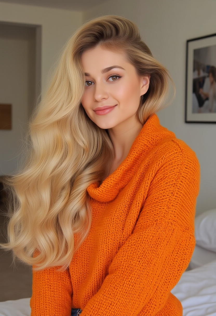 photo of a supermodel with an extraordinary, voluminous hairstyle. She has a perfect stunning smile with straight white teeth. She has long, flowing, blonde hair that cascades down her back and around her shoulders, creating a huge and voluminous flowing effect. The hair is styled in loose waves and curls, giving it a luxurious, almost ethereal appearance. Wavy hair texture. The woman's face is adorable and natural, with striking hazel eyes. She wears a orange cowlneck sweater that looks oversized and soft.