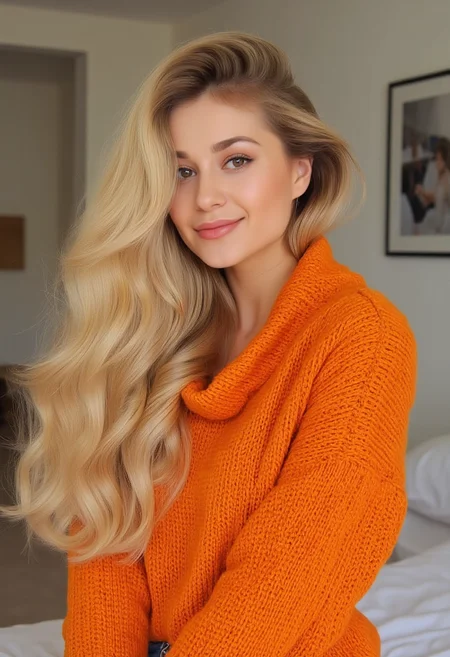 photo of a supermodel with an extraordinary, voluminous hairstyle. She has a perfect stunning smile with straight white teeth. She has long, flowing, blonde hair that cascades down her back and around her shoulders, creating a huge and voluminous flowing effect. The hair is styled in loose waves and curls, giving it a luxurious, almost ethereal appearance. Wavy hair texture. The woman's face is adorable and natural, with striking hazel eyes. She wears a orange cowlneck sweater that looks oversized and soft.