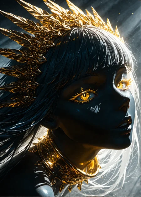 masterpiece, best quality, very aesthetic, masterpiece,best quality,amazing quality,very aesthetic,absurdres,newest,highres,usnr,1girl,solo, narrow waist, small breasts,breasts out,(nipples:1.1),(lineless:1.5), high contrast palette, spot color, colorful, acid_trip, abstract background, limited palette, traditional media, dutch angle, foreshortening, face focus, watercolor pencil \(soft\), 1girl, full body, solo, multicolored hair, straight hair, yellow eyes, half-closed eyes, segmented gold pupils, gold_trim, neon palette, parted lips, plump lips, nail_polish, hair ornament, fluffy feathered_bangs, hair_clip, black opal_skin, floating collar, massive colored eyelashes, colored eyelashes, absurd regal, from side, extremely intricate segmented thorn eyes, extremely thin <lora:Dramatic Lighting Slider:3> <lora:Pony Realism Slider:3> <lora:ponyv6_noobV1_2_adamW:0.7> Stable_Yogis_PDXL_Positives, masterpiece, best quality, amazing quality, very aesthetic, absurdres, newest, (scenery, volumetric lighting),