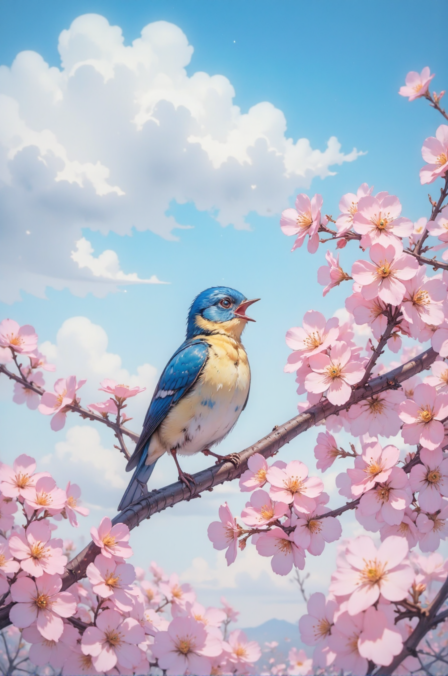 This is a vivid photograph capturing a small bird perched on a branch adorned with delicate cherry blossoms. The bird, likely a male blue tit, has striking blue feathers on its head, wings, and back, with a lighter blue underbelly. Its tiny beak is open as if singing, adding a sense of life and motion to the scene. The bird's feathers appear soft and fluffy, contrasting with the smooth texture of the blossoms.
The cherry blossoms are in full bloom, with soft pink petals and vibrant yellow stamens. The branches are thin and slightly curved, supporting several clusters of flowers. The background features a serene sky with a gradient of soft blue, transitioning to a lighter shade near the horizon, and scattered fluffy white clouds, suggesting a peaceful spring day.
The composition is well-balanced, with the bird positioned slightly to the right, allowing the blossoms to frame the image naturally. The overall atmosphere of the photograph is tranquil and picturesque, capturing the beauty of nature in a moment of serene stillness. The sharpness of the image and the clarity of the details make it feel almost like a painting, but with the realistic quality of a photograph.
 <lora:DarksunRIDDV3:0.5> <lora:flux_hyperkraximalism-balanced:0.5> <lora:Midjourney_-_SemiReal_Dreams_FLUX_LoRA:0.5> <lora:CPA:0.5> <lora:Anime_realistic_v2:0.5> Realistic anime style <lora:BLUE_mk4_angel_FLUX_01:0.5>