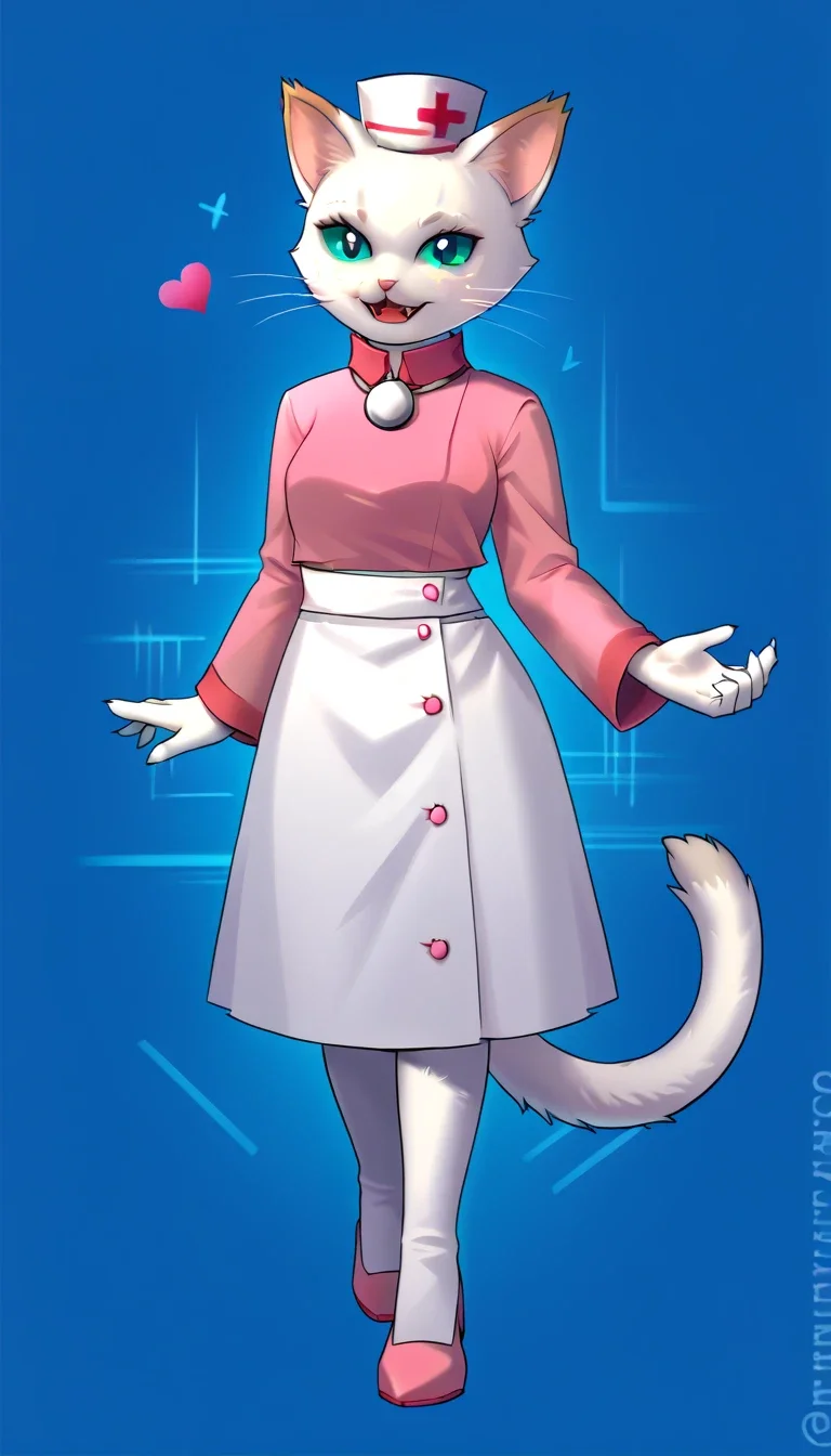 ((detailed face:1, detailed eyes:1)), absurdres, newest,,source_anime,pastel colors, score_9,score_8,score_7,source_furry,1girl, anthro, furry, furry female, furry female,cat, catherine, white fur, blue sclera, whiskers, nurse hat, nurse uniform, happy, looking at viewer, open mouth, fangs, full body, dynamic pose, dynamic angle, blank background, abstract background, hearts, standing