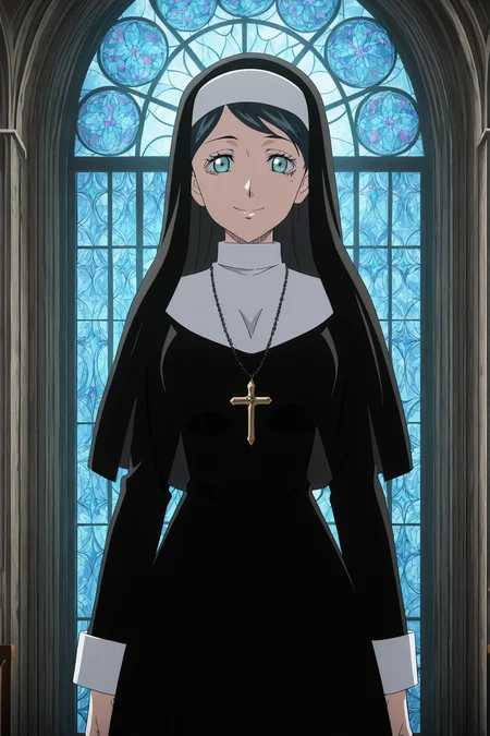anime screencap, anime coloring, detailed face, masterpiece, best quality, very aesthetic, absurdres, volumetric lighting, official style, amazing quality, ultra detailed, highres, amazing quality, scenery, beautiful detailed hair, beautiful detailed eyes,
<lora:StS-Illustrious-Detail-Slider-v1.0:4>
<lora:illustrious_quality_modifiers_masterpieces_v1:1>
<lora:Sister_Lily_Aquaria_Black_Clover:1>
in a church, stain glass window,
Sister Lily Aquaria (character), 1girl, nun, solo, habit, traditional nun, cross, jewelry, cross necklace, necklace, blue eyes, aqua eyes, anime coloring, black hair, breasts, dress, gentle smile, looking at the viewer, cowboy shot, mole under eye,