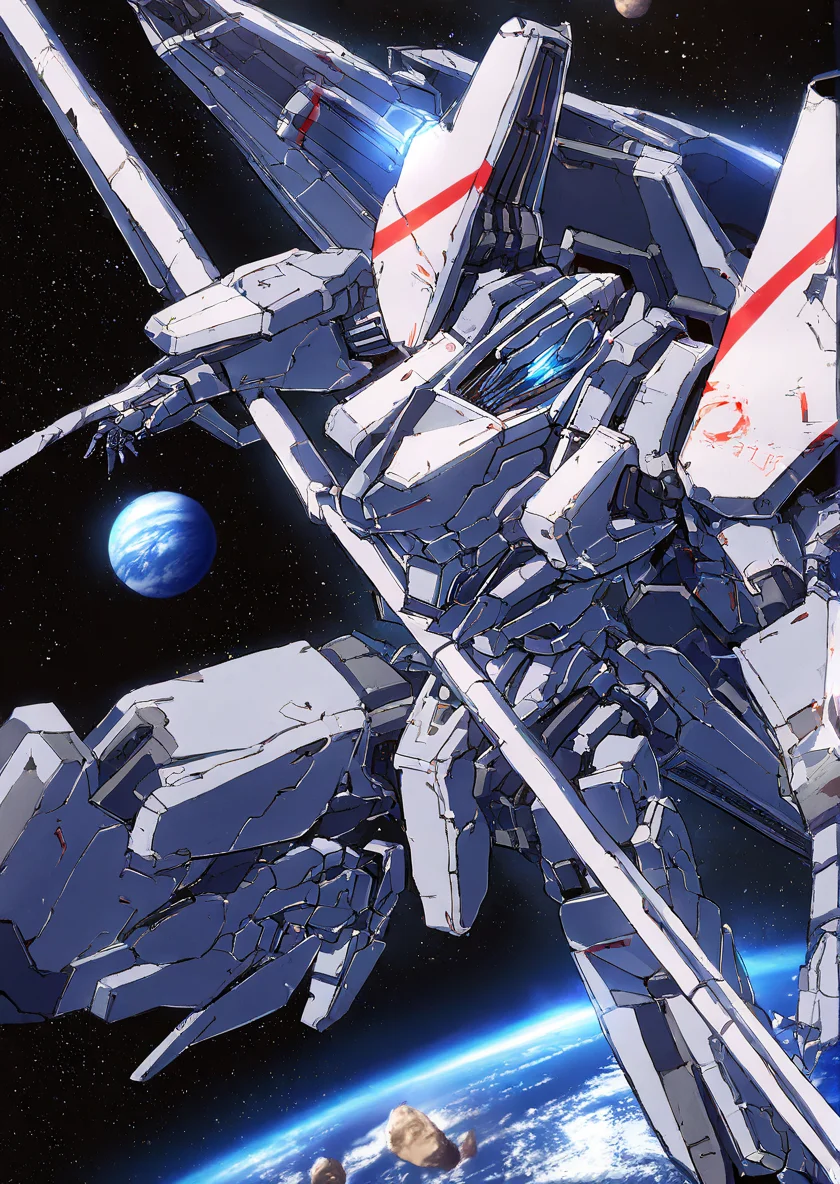 mecha,science fiction,no humans,glowing,retro artstyle,space,star \(sky\),planet,earth \(planet\),space craft,starry sky,weapon,milky way,masterpiece, best quality, very aesthetic, absurdres,, <lora:sidonia morito-NAI:0.8>