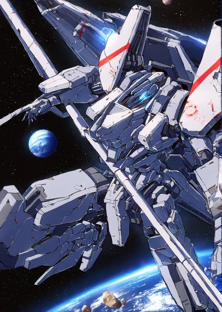 mecha,science fiction,no humans,glowing,retro artstyle,space,star \(sky\),planet,earth \(planet\),space craft,starry sky,weapon,milky way,masterpiece, best quality, very aesthetic, absurdres,,  <lora:sidonia morito-NAI:0.8>