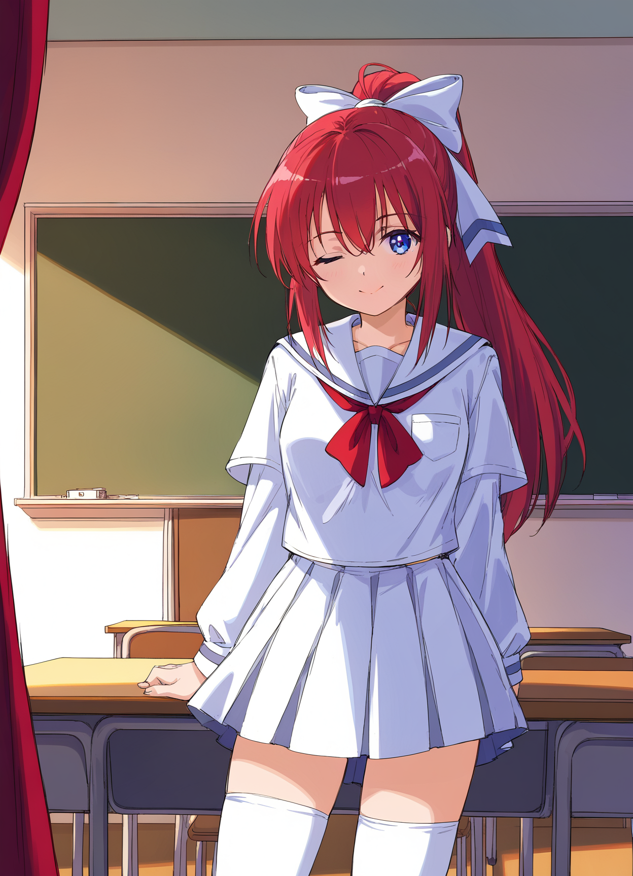score_9, score_8_up, score_7_up, masterpiece, best quality, absurdres, official art, official style, anime screencap, megami magazine, zPDXL2, zPDXLxxx, <lora:Shiratori Mikoto (In'youchuu Chiroku ver) Pony v1_epoch_10:0.7>, 1girl, solo focus, shiratori_mikoto, large breasts, BREAK, (blue eyes:1.1), BREAK, red hair, long hair, ponytail, sidelocks, bangs, BREAK, hair ribbon, white ribbon with blueline, BREAK, school uniform, capelet, white jacket with black sideline, BREAK, red ribbon, BREAK, white skirt with black lining, pleated skirt, sawtooth hem, BREAK, (white thighhighs:1.2), BREAK, <lora:neg4all_bdsqlsz_xl_V91:1.0> <lora:ALTXL_pony_0061_8:2.0>, <lora:detailed_hands-000002:1>, hand indoors, classroom, chalkboard, standing, evening, sunset, dim lighting, light particles, one eye closed, smile, looking at viewer, A girl standing in a classroom during the late afternoon, with warm sunlight streaming through the windows. She has one hand resting on a blackboard, casting long shadows across the room. The scene captures the quiet, reflective atmosphere of the classroom after school. The golden light highlights the girl's silhouette and creates a peaceful, nostalgic mood.