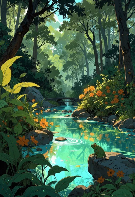 Amidst a lush rainforest, a hidden spring glows under dappled sunlight filtering through towering emerald-green trees. Two tiny, vivid-green tree frogs perch playfully on colorful tropical flowers, their big golden eyes reflecting curiosity. The crystal-clear water shimmers in hues of turquoise and jade, revealing smooth stones beneath. Tiny raindrops from a recent shower sparkle like diamonds on the leaves. The air is filled with the fresh scent of earth and blossoms, capturing a perfect moment of life and energy in this tropical paradise.
VibrantlySharp style., Anime art