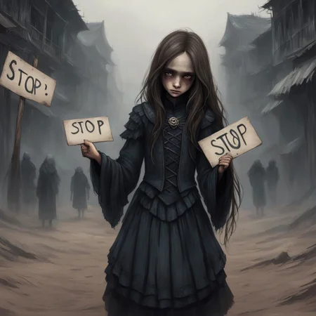 (((Ultra detailed, Megapixel)))
1girl, (((holding out a sign with a text "STOP"))), by charlie bowater and dan mumford and trevor Brown, hands, terror, gloomy, dark, blank face, no face, wasteland background, no mouth, no eyes, long hair