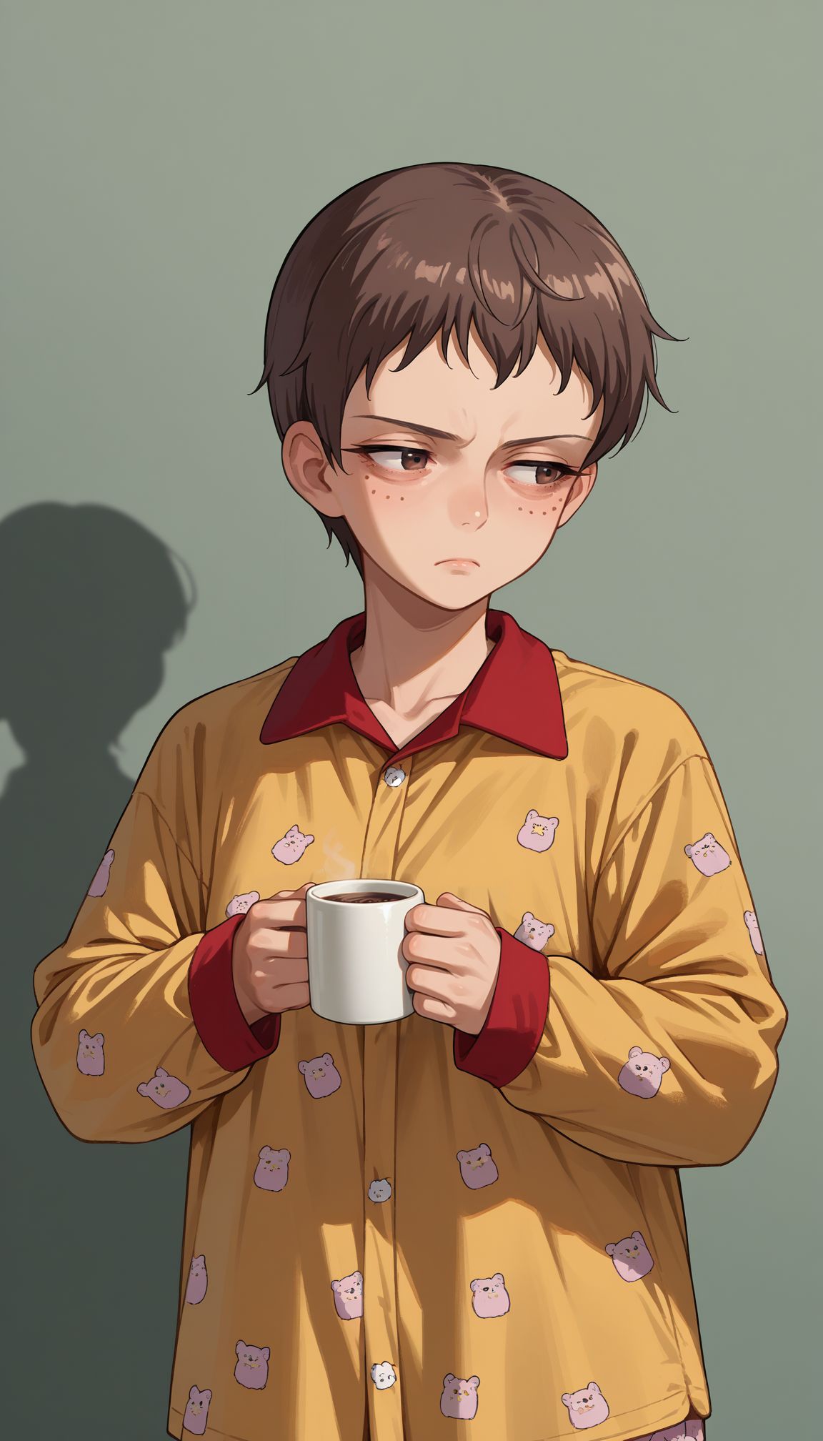 score_9, score_8_up, score_7_up, source_anime, ,
 <lora:Naomi:1> 1girl, naomi (girls und panzer), brown hair, brown eyes, freckles, very short hair,  tired, looking away, standing, holding coffee mug, bags under eyes, pajamas
