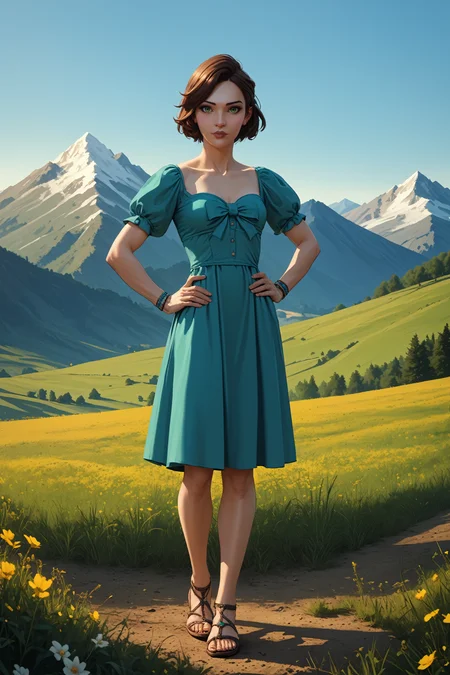 score_9, score_8_up, score_7_up,
<lora:WolfFaith:0.9>
WolfFaith, 1girl, brown hair, green eyes, short hair, bow, looking at viewer, hands on hips, mountains, field, full body