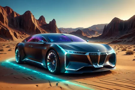 morph-aurora, a futuristic limousine with elongated body, luxury finish, solo, aerodynamic spoiler, sleek design, futuristic canyon, glowing rocks, holographic markers, detailed background, parked in a desert, sand around, holographic markers nearby, action focus, medium shot, a futuristic charger, glowing softly, on the ground, best quality, rich colors, realistic style, high detail, high-definition, hyper-realistic, extremely high-resolution details, fine texture, incredibly lifelike, realistic, not fantasy, not anime, not drawing, highres, 4K resolution, source photo, realistic photo, masterpiece, best quality, amazing quality, very aesthetic, ultra-detailed, detailed surfaces, natural metallic tones, soft light, stealth black, matte finish, soft light, close-up shot, <lora:add-detail-xl:1> <lora:aurora_0_100_V1-000009:0.65>
