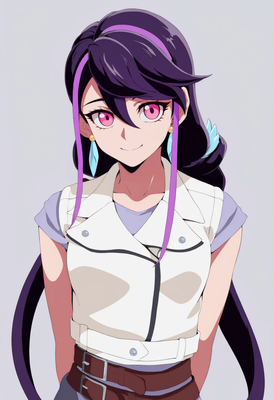 best quality, amazing quality, very aesthetic, absurdres, thick lineart,
1girl, luluobsidian, purple hair, long hair, two-tone hair, pink eyes, hair ornament,
earrings, low ponytail,
vest,belt,
upper body,
smile, looking at viewer, solo, simple background, white background,   <lora:LuluObsidianNoobXL_byKonan:1>