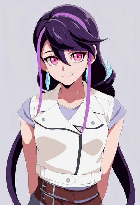 best quality, amazing quality, very aesthetic, absurdres, thick lineart,
1girl, luluobsidian, purple hair, long hair, two-tone hair, pink eyes, hair ornament,
earrings, low ponytail,
vest,belt,
upper body,
smile, looking at viewer, solo, simple background, white background, <lora:LuluObsidianNoobXL_byKonan:1>