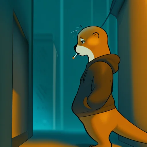 <lora:Inkune-09:1>inkune,
masterpiece,best quality,amazing quality, sfw,
BREAK
solo, otter, male, no human,
BREAK
1boy, no hair, fussy hair, displeasure expression, tired, hoodie, hood,
standing, smocking,
from side, half body, night, dark ambient, cigarette light, alley, focus face