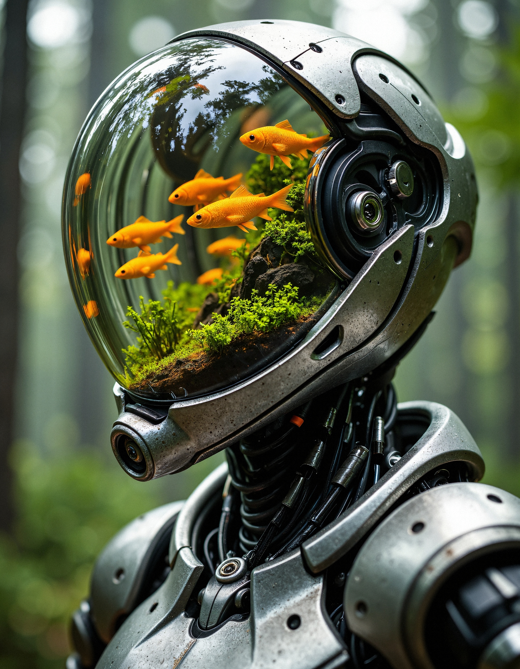 aidmaHyperrealism, hyper-detailed,
"A biomechanical entity with a transparent helmet that doubles as an aquarium, its interior teeming with golden fish darting through vivid green aquatic vegetation. Warm light sources within the water cast glowing highlights on the fish, creating an ethereal glow. The robot's armor is made of futuristic, black and silver alloys, its design inspired by sleek marine aesthetics. Set against a blurred, natural forest backdrop, the robot appears as a harmonious blend of nature and advanced technology, a living conduit between artificial and organic life."
 <lora:FluxDFaeTasticDetails:0.2> <lora:aidmaHyperrealism-FLUX-v0.3:0.8>