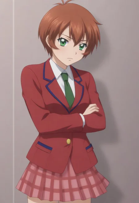 source_anime, anime screencap, source_anime, auratheguillotine, anime screencap, masterpiece, source_anime, shiny skin, 1girl, chinkyuu koudai, short hair, brown hair, green eyes, <lora:chinkyuu_pony-000007:0.8> red blazer, white shirt, green necktie, plaid skirt, pleated skirt,
