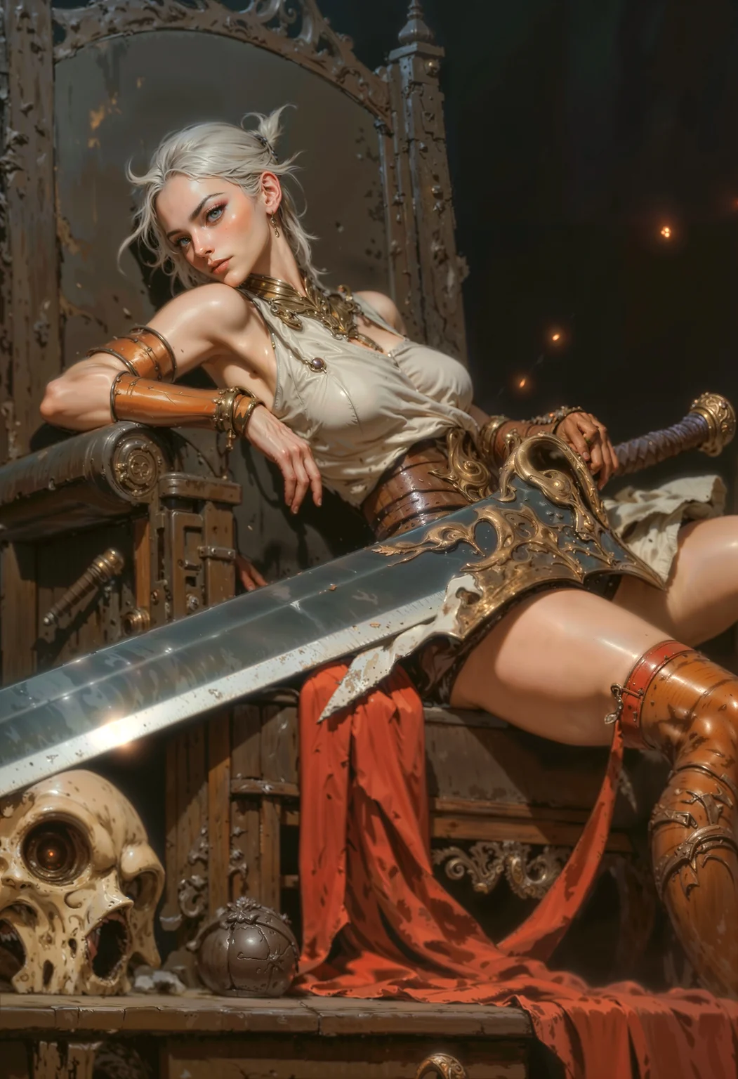 cinematic photo. Image is a digital painting featuring a fantasy-themed scene. The layout is vertical, focusing on a central female figure seated on a large, ornate stone throne. The woman has fair skin and long, white hair styled in a high ponytail. She wears a white, sleeveless tunic with a brown leather belt and arm guards. Her expression is confident and relaxed, with a slight smirk. A large sword rests across her lap, its blade extending diagonally across the image. The background is dark, enhancing the dramatic lighting on the subject. A red cloth drapes over the arm of the throne, and a skull with a gas mask-like appearance is positioned in the foreground, adding to the fantasy and slightly dystopian atmosphere. 35mm photograph, film, bokeh, professional, 4k, highly detailed
<lora:Anime v1.3:0.6> <lora:VividlySurreal:0.6> <lora:FLUX-daubrez-DB4RZ-v2:0.4> <lora:FluxMythP0rtr4itStyle:0.6>