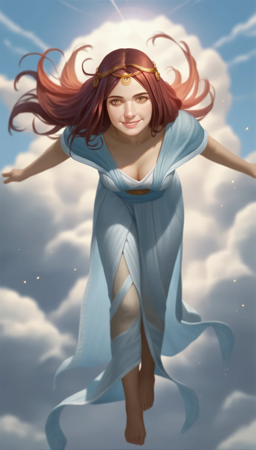 score_9,score_8_up,score_7_up,
<lora:Gwynevere:0.9>,
highres,photorealism,bloom,
dsgwynevere,
1girl,solo,tall female,
brown red hair,long hair,parted bangs,bouncing hair,
yellow eyes,looking at viewer,smile,parted lips,
gold headpiece with a central gemstone,
sheer robe,barefoot,
floating in air,drop from the clouds,drop from the skies,leaning forward,reaching out,(face focus:1.4),bottom up,perspective,
blurry background,vignetting,
outdoors,sun,cloud,sky,wind,
light particles,glowing,